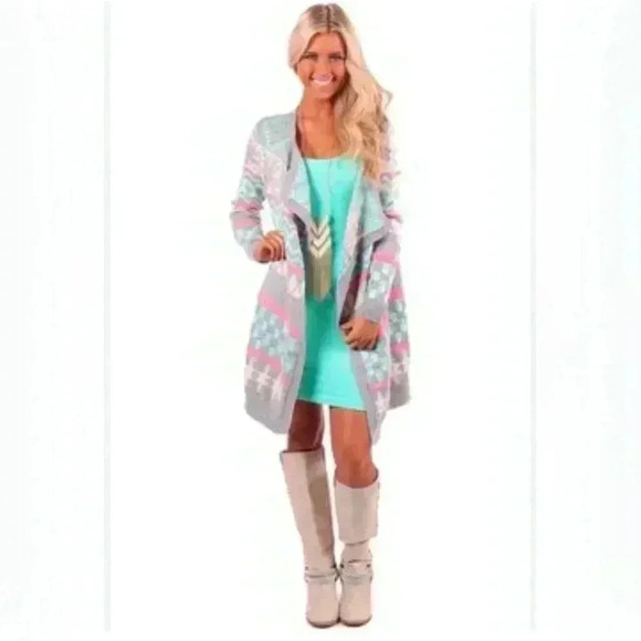 Limelush Cool Sweater Pink Gray Blue White sz S/M Open Front - Picture 1 of 6